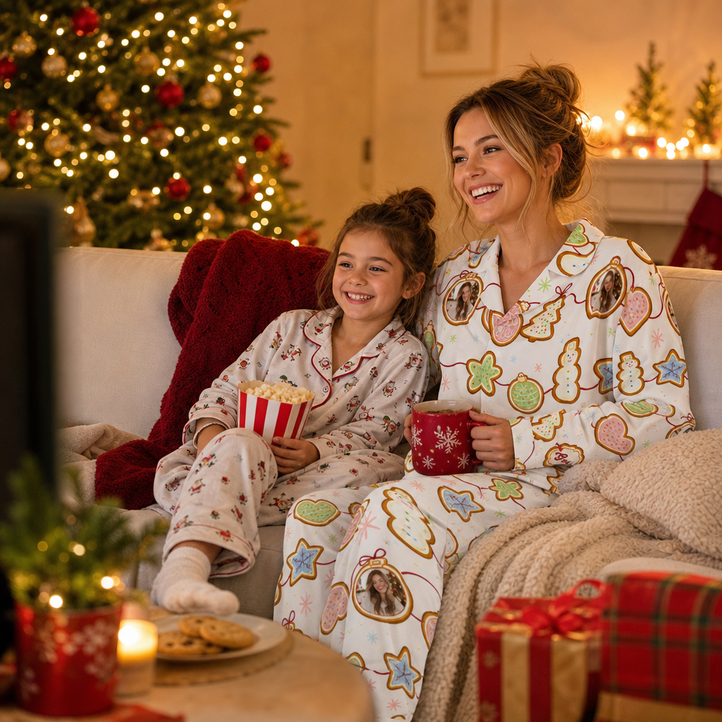 Custom face photo and name gingerbread cookie garland women pajamas view 4