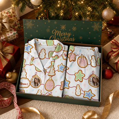 Custom face photo and name gingerbread cookie garland women pajamas view 8