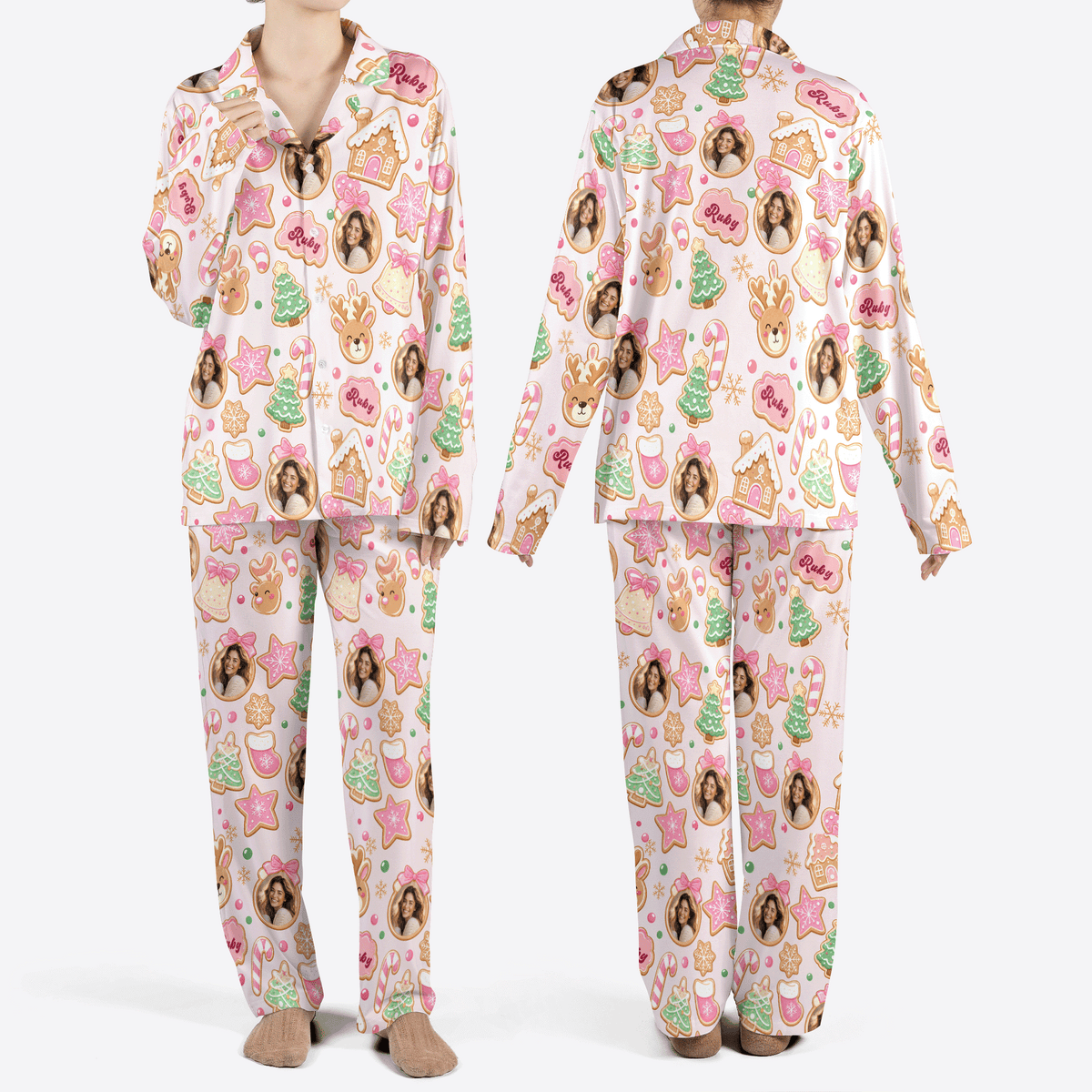 Custom face photo and name frosted sugar cookie women Christmas pajamas set, front and back