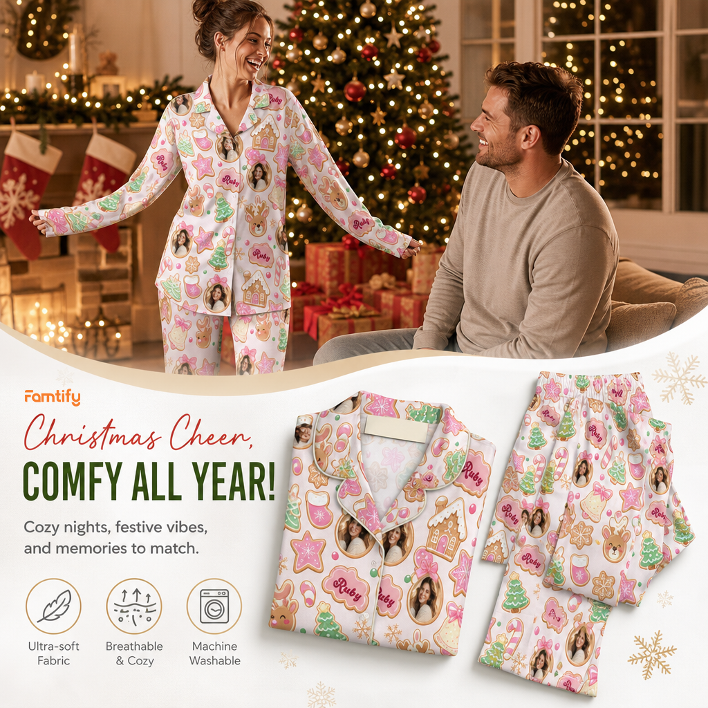 Custom face photo and name frosted sugar cookie women pajamas view 3