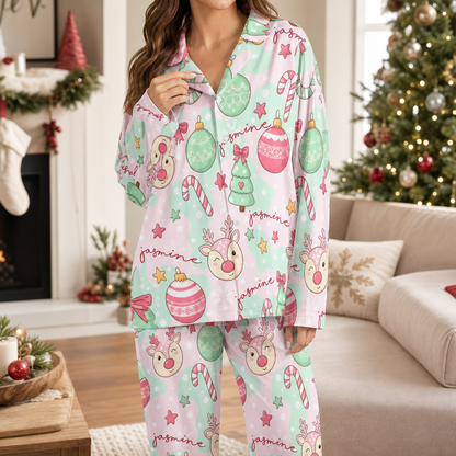 Woman wearing custom face photo and name pastel ornament candy cane Christmas pajamas by the tree