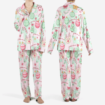 Custom face photo and name pastel ornament candy cane women Christmas pajamas set, front and back