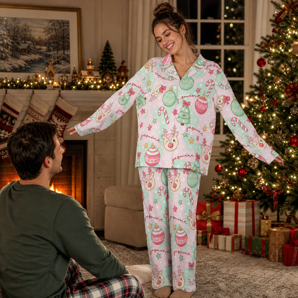 Custom face photo and name pastel ornament candy cane women pajamas view 5