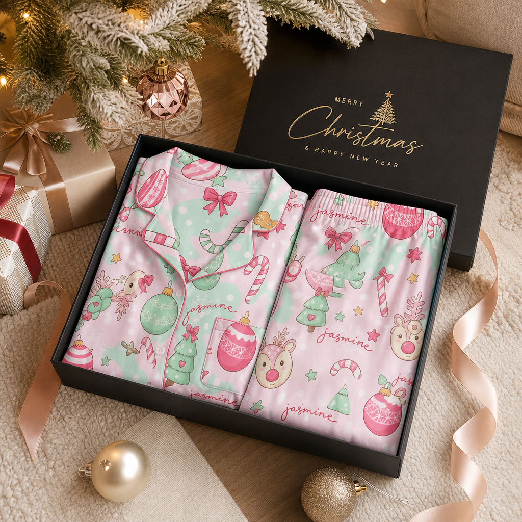 Custom face photo and name pastel ornament candy cane women pajamas view 8