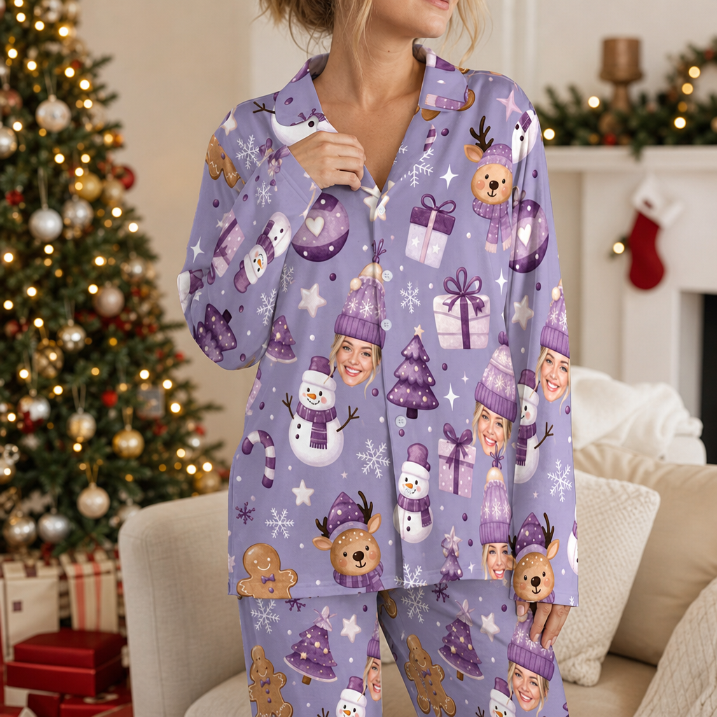 Woman wearing custom face photo snowman reindeer beanie face Christmas pajamas by the tree