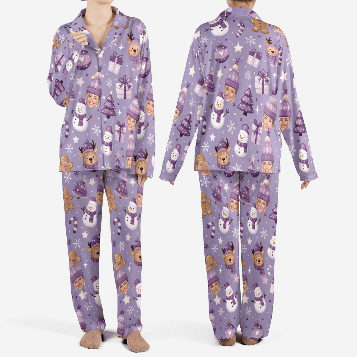 Custom face photo snowman reindeer beanie face women Christmas pajamas set, front and back