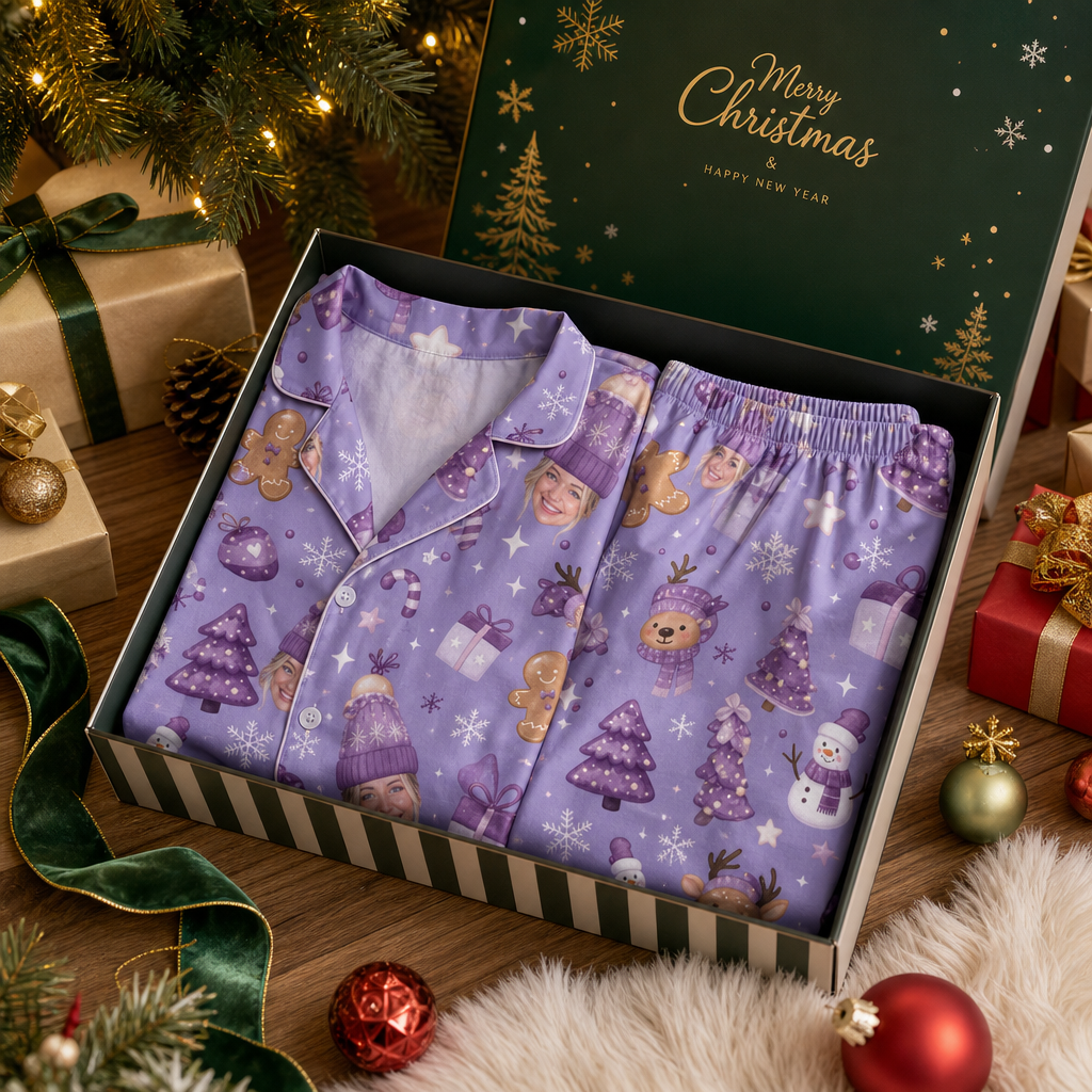 Custom face photo snowman reindeer beanie face women pajamas view 8