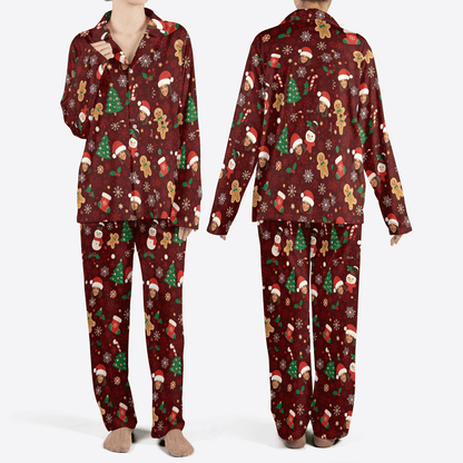 Custom face photo Santa hat face gingerbread women Christmas pajamas set, front and back