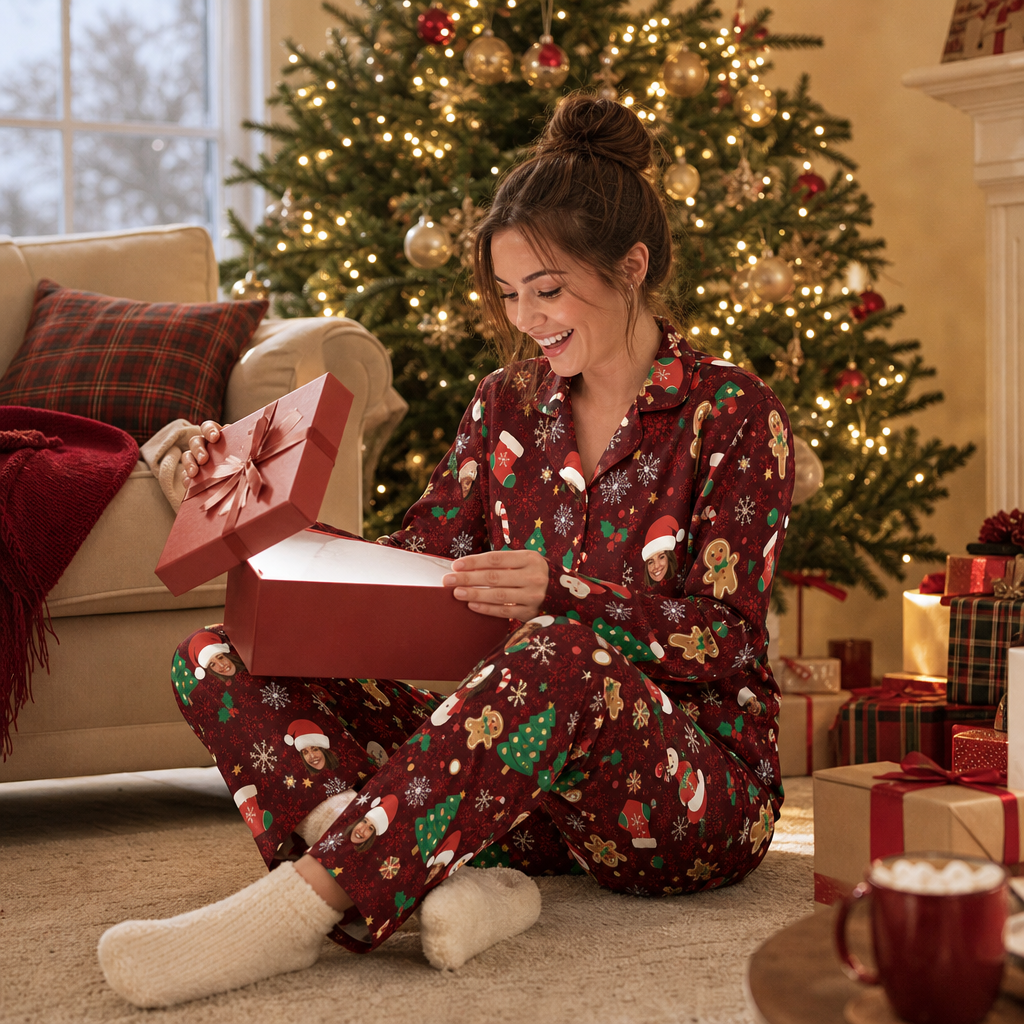 Custom face photo Santa hat face gingerbread women pajamas view 6