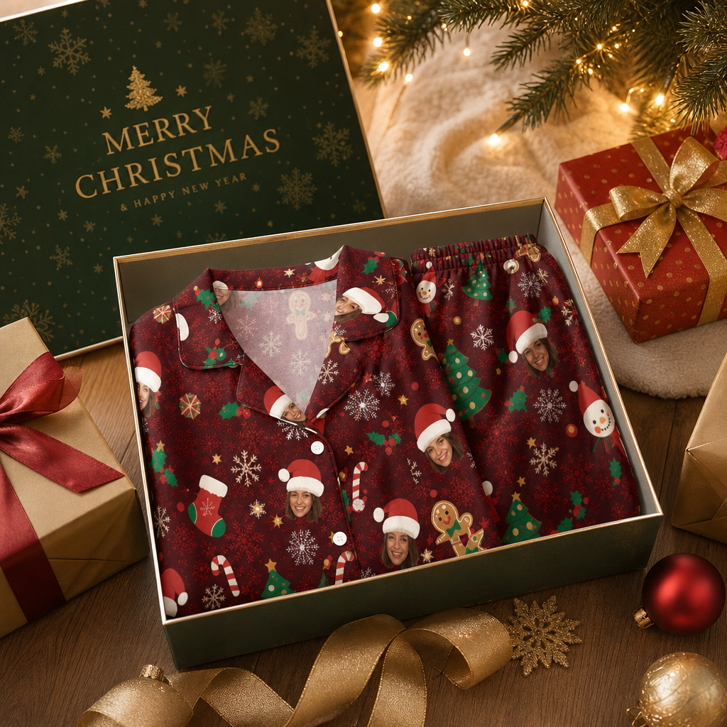 Custom face photo Santa hat face gingerbread women pajamas view 8