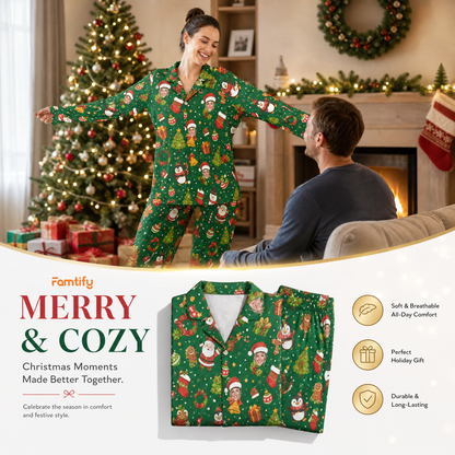 Custom face photo Santa hat face penguin snowman women pajamas view 7
