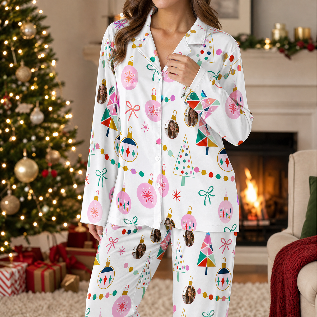 Woman wearing custom face photo retro geometric tree ornament Christmas pajamas by the tree