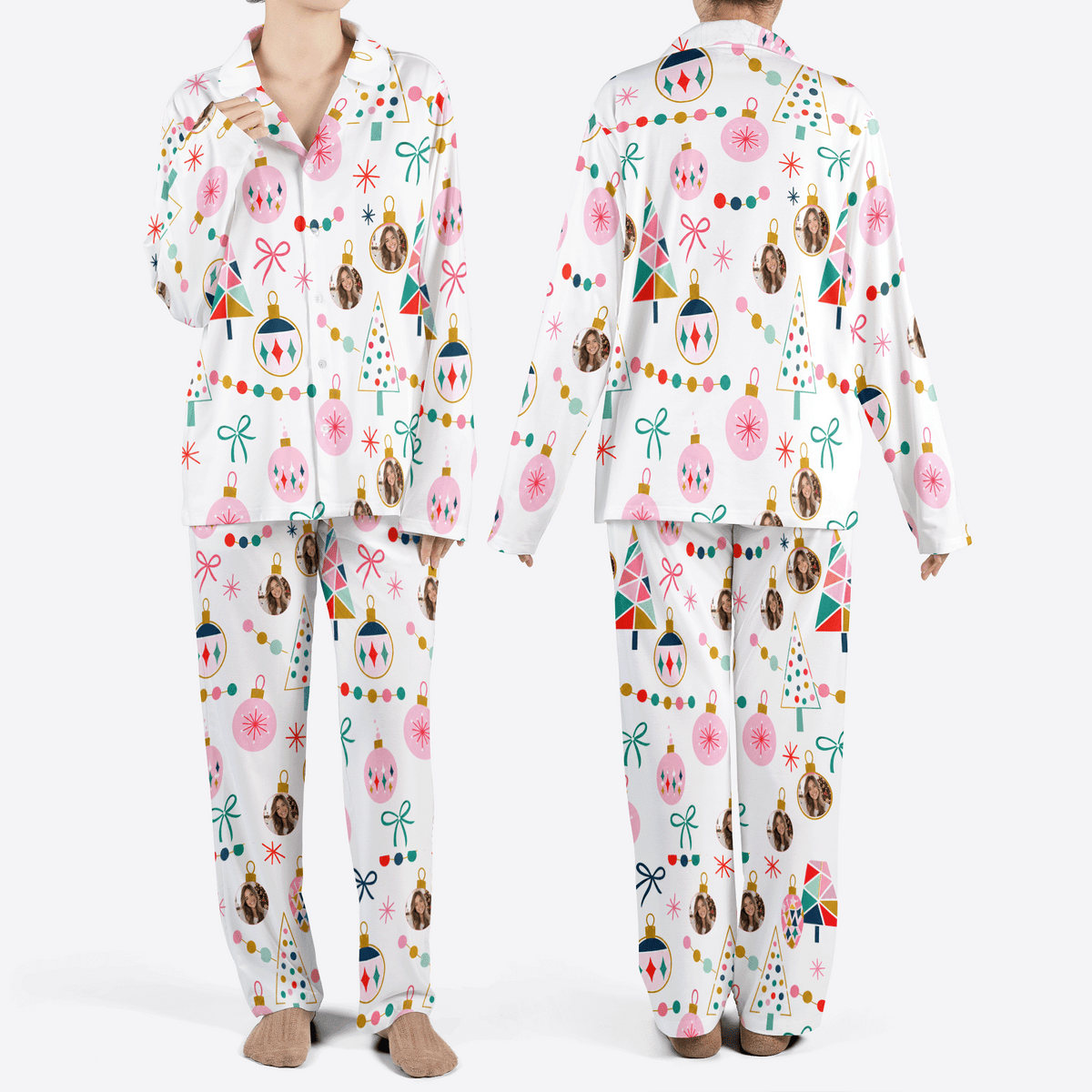 Custom face photo retro geometric tree ornament women Christmas pajamas set, front and back