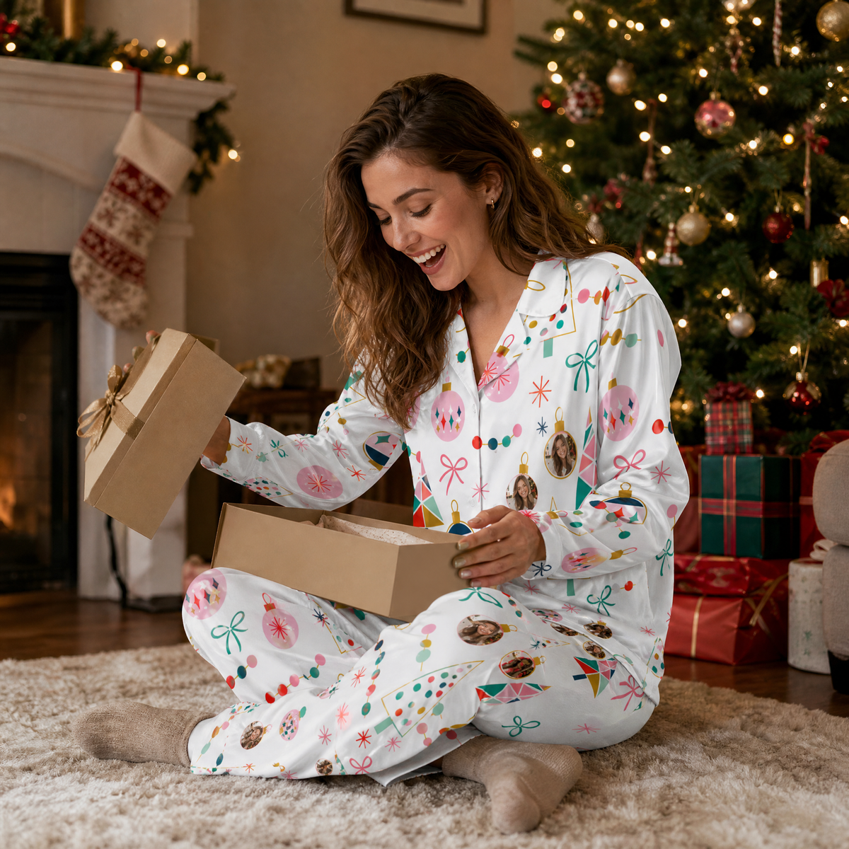 Custom face photo retro geometric tree ornament women pajamas view 7