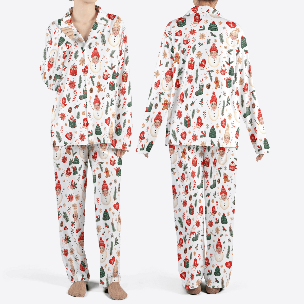 Custom face photo snowman face poinsettia women Christmas pajamas set, front and back