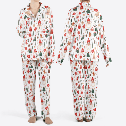 Custom face photo snowman face poinsettia women Christmas pajamas set, front and back