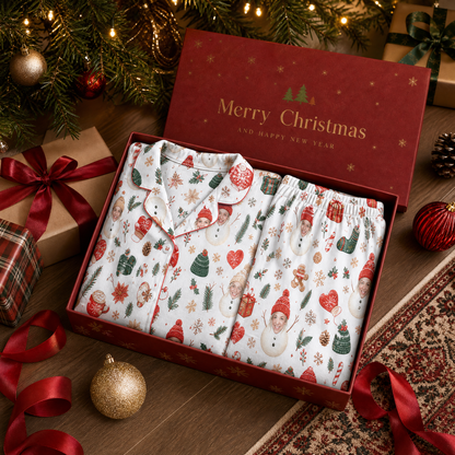 Custom face photo snowman face poinsettia women pajamas view 4