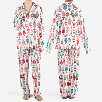 Custom face photo ribbon bauble ornament women Christmas pajamas set, front and back