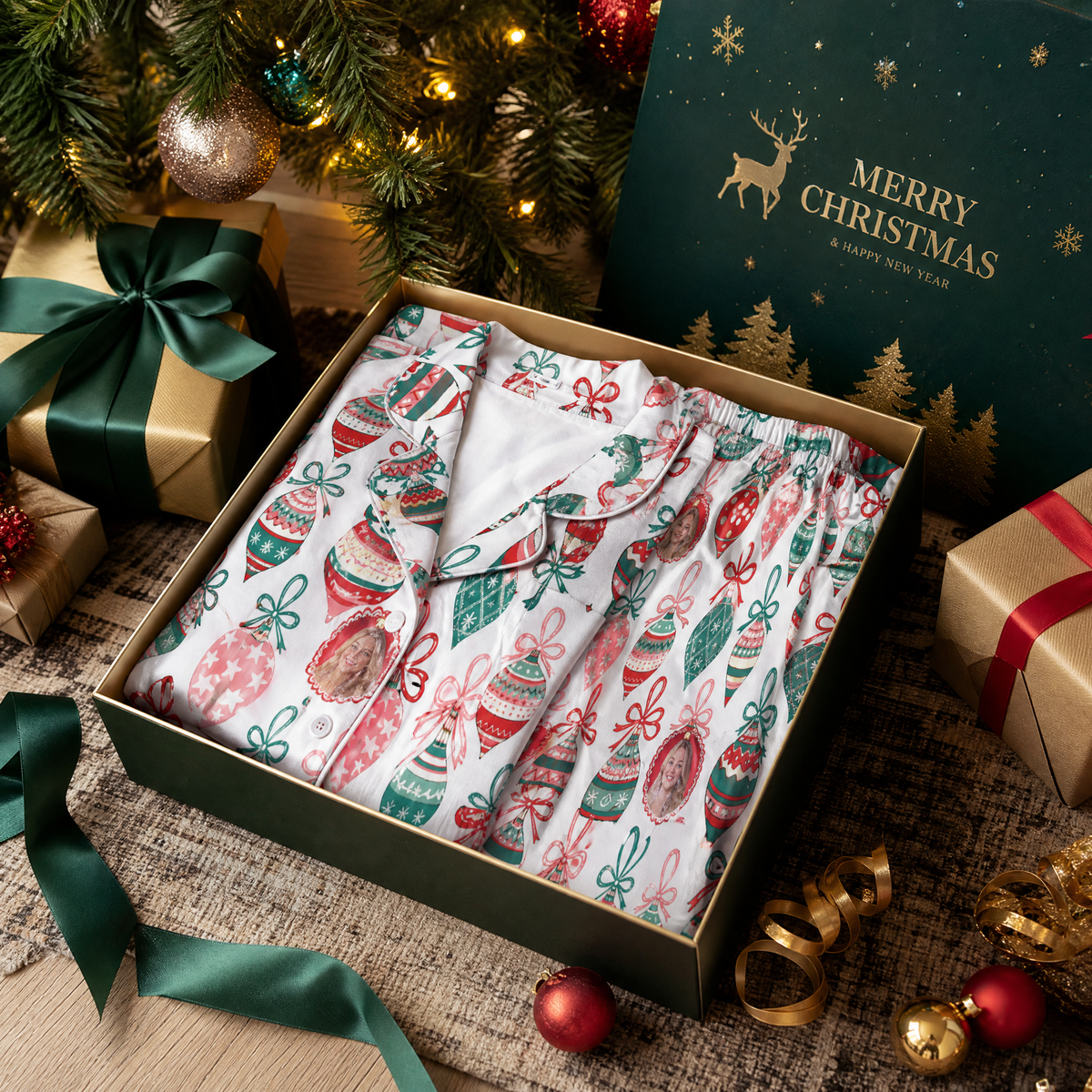 Custom face photo ribbon bauble ornament women pajamas view 4