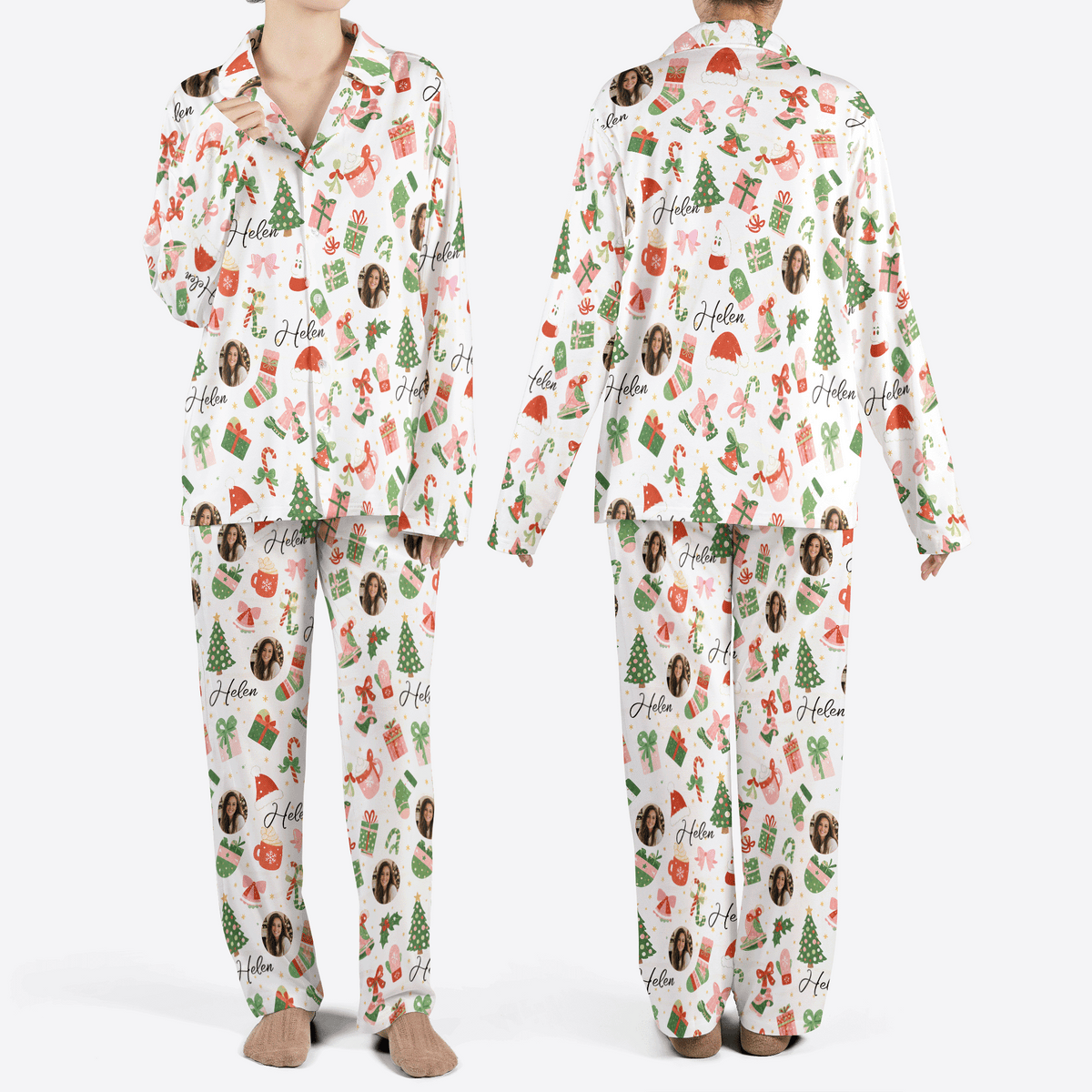 Custom face photo and name cozy holiday icons women Christmas pajamas set, front and back