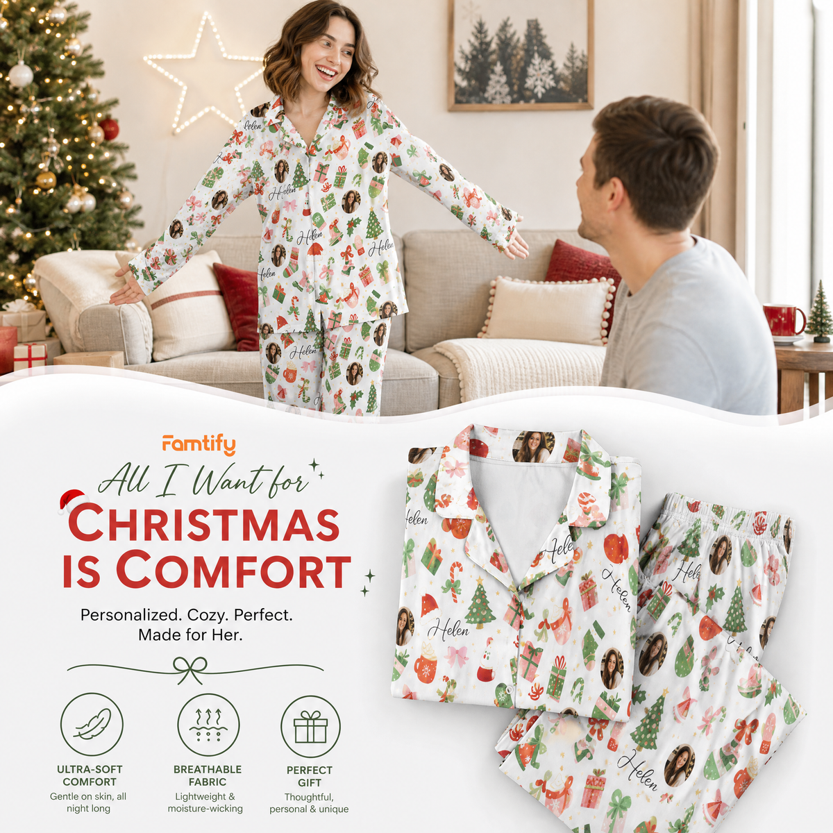 Custom face photo and name cozy holiday icons women pajamas view 3