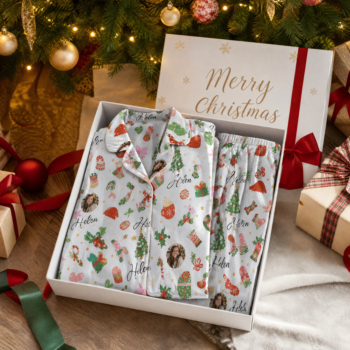 Custom face photo and name cozy holiday icons women pajamas view 4