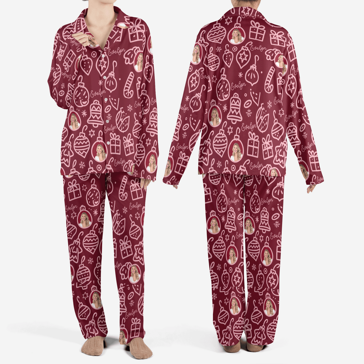 Custom face photo and name line art ornament bell women Christmas pajamas set, front and back