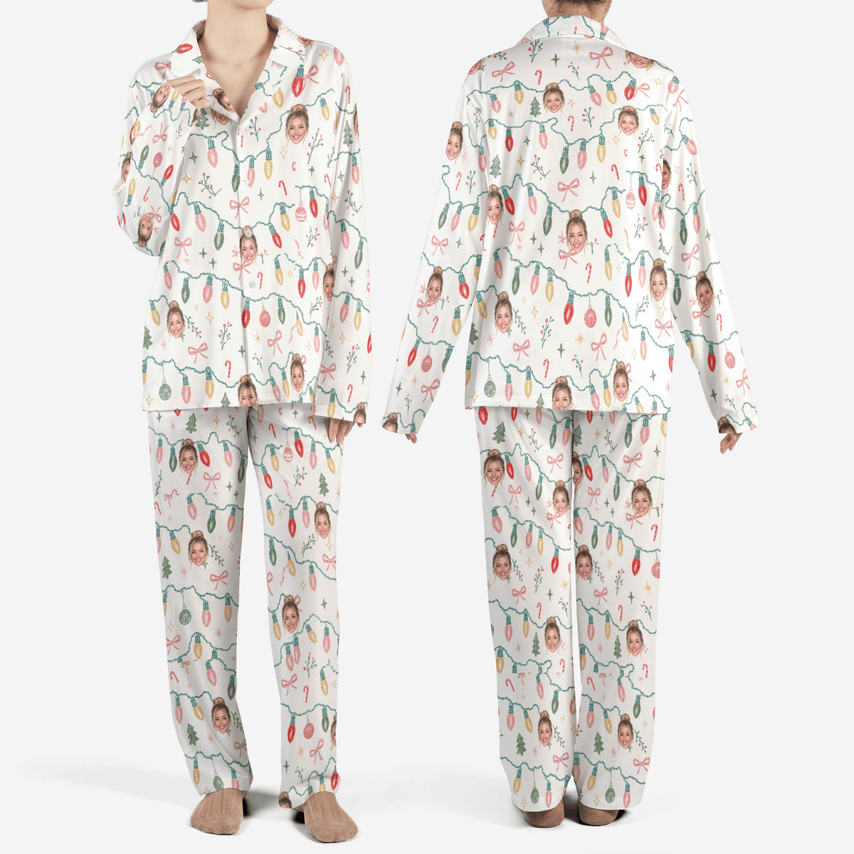 Custom face photo twinkle lights garland women Christmas pajamas set, front and back