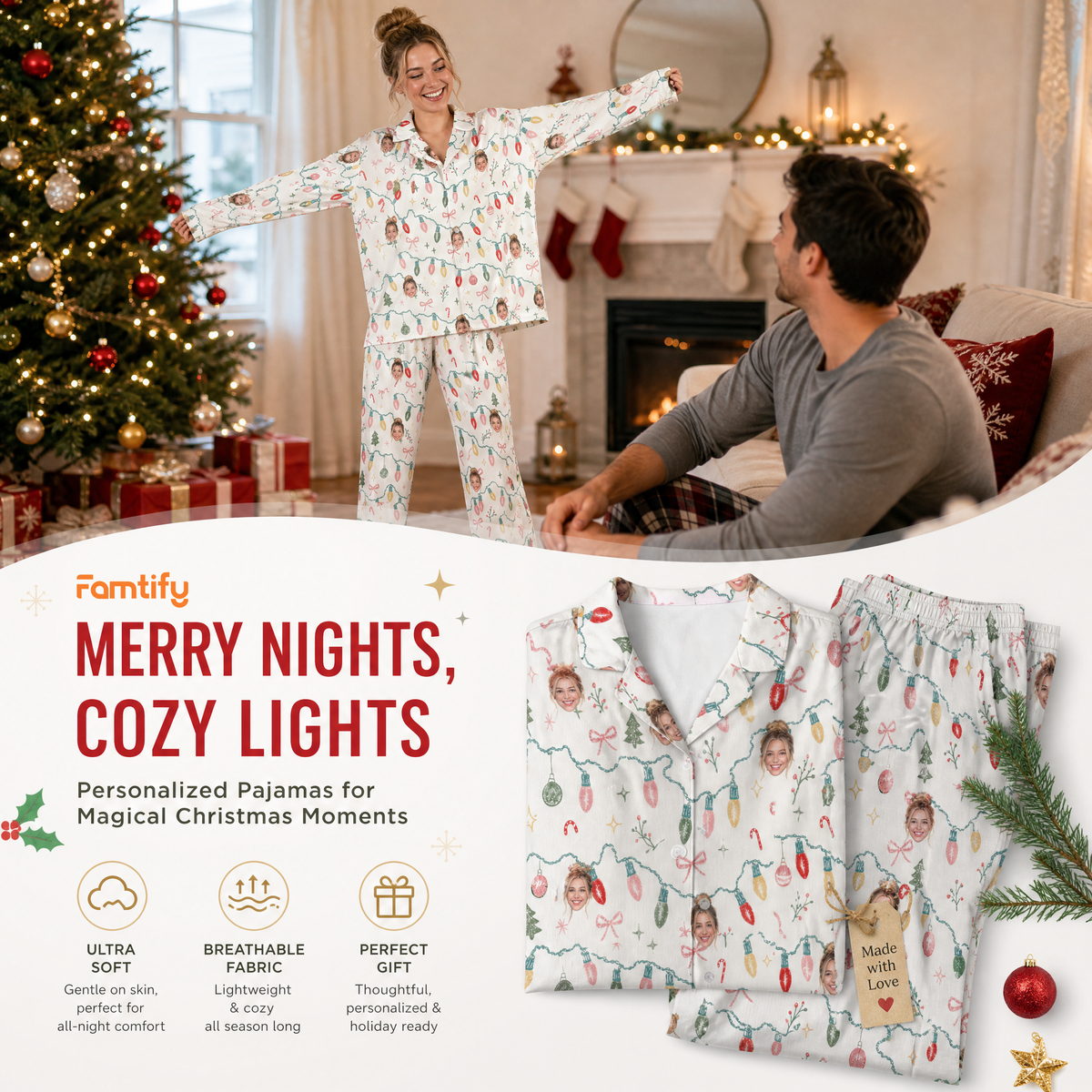 Custom face photo twinkle lights garland women pajamas view 3