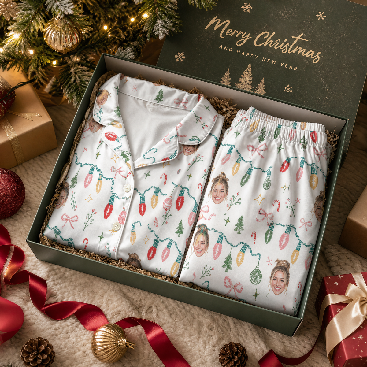 Custom face photo twinkle lights garland women pajamas view 4