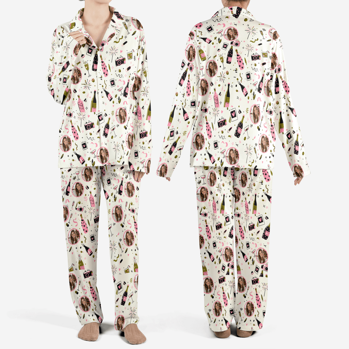 Custom face photo holiday party camera bubbly women Christmas pajamas set, front and back