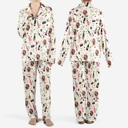 Custom face photo holiday party camera bubbly women Christmas pajamas set, front and back