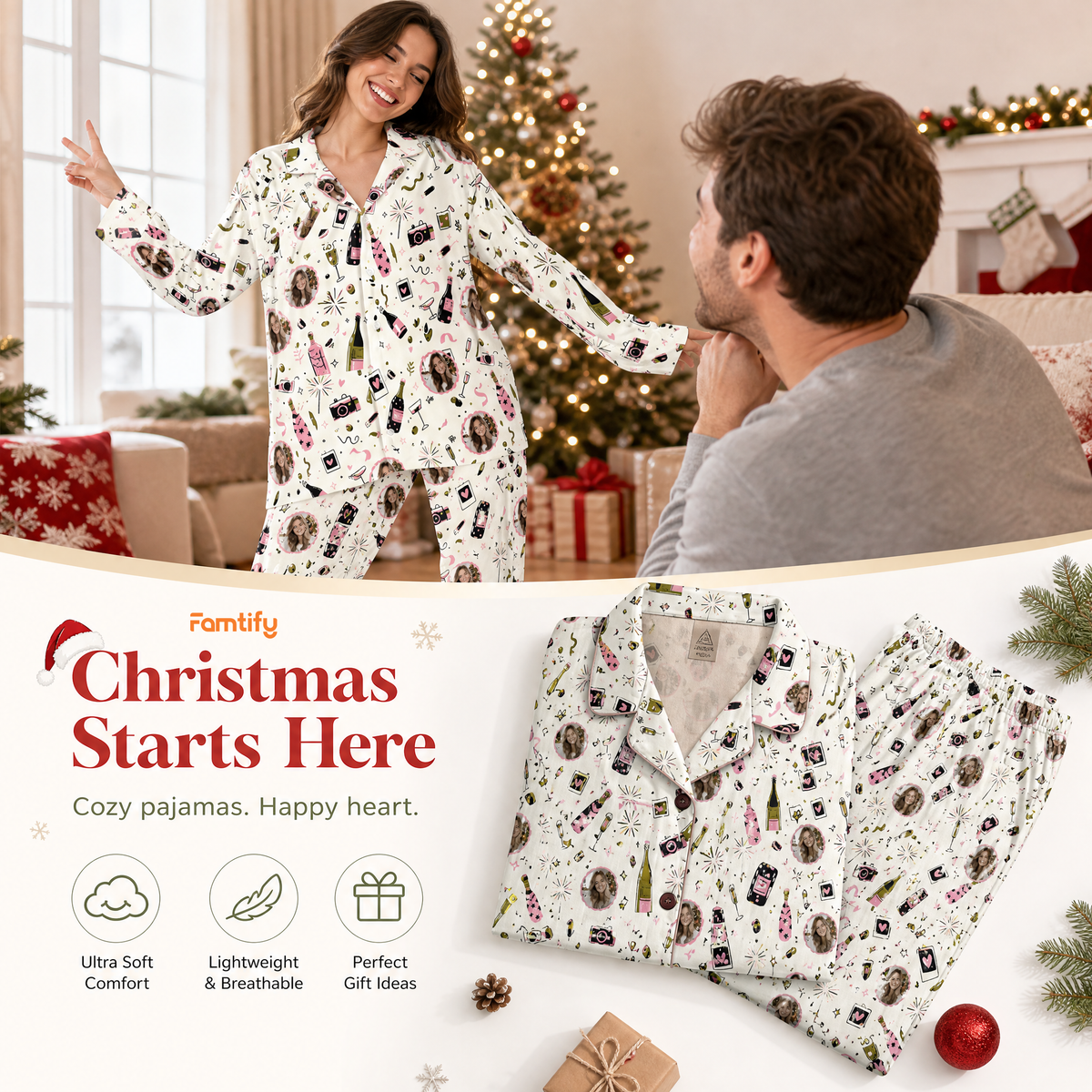 Custom face photo holiday party camera bubbly women pajamas view 3