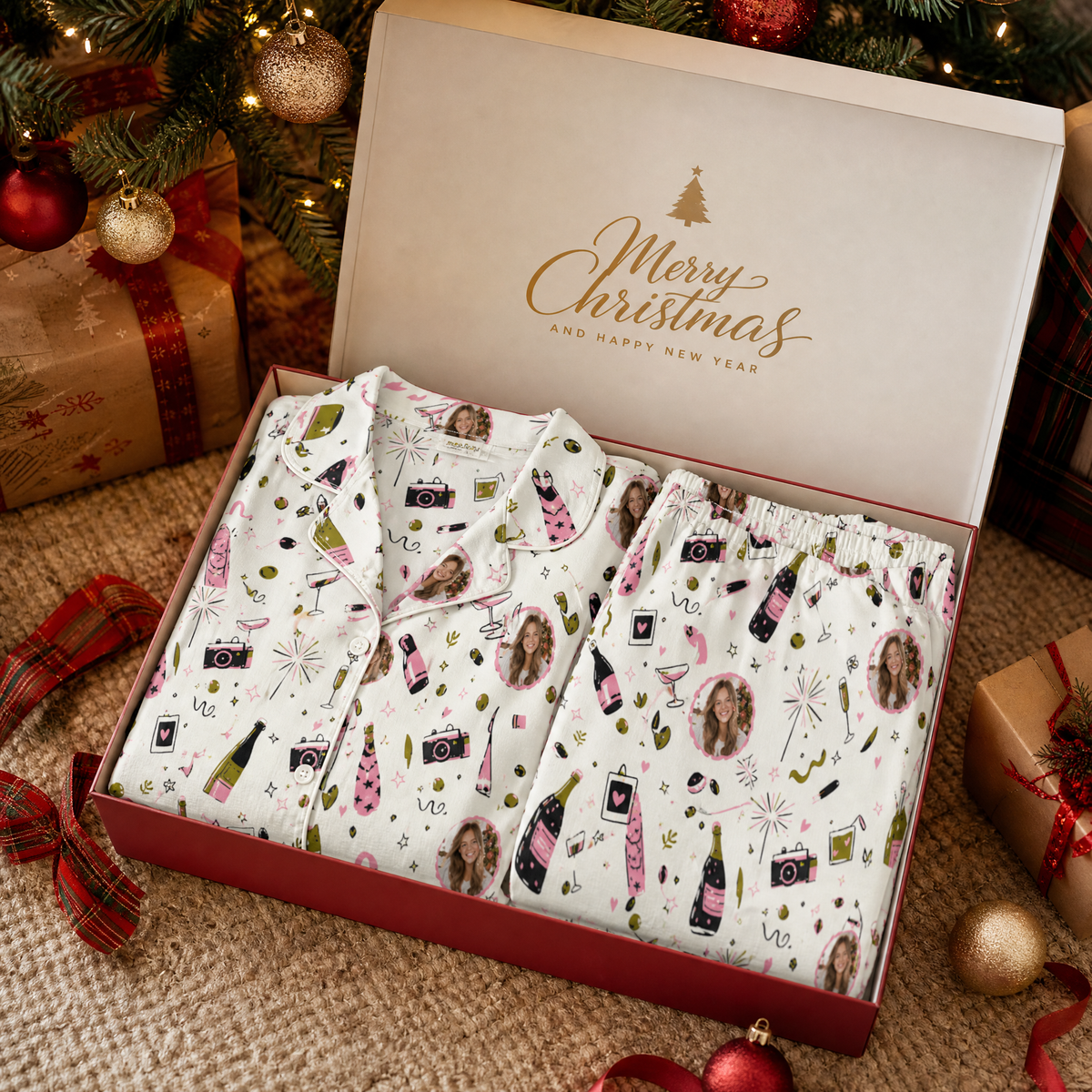 Custom face photo holiday party camera bubbly women pajamas view 4