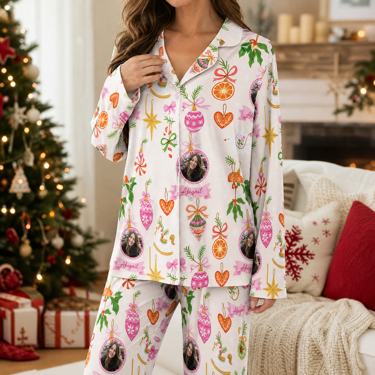 Woman wearing custom face photo folk ornament star heart Christmas pajamas by the tree