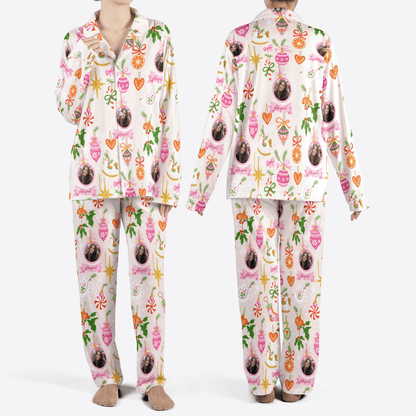 Custom face photo folk ornament star heart women Christmas pajamas set, front and back
