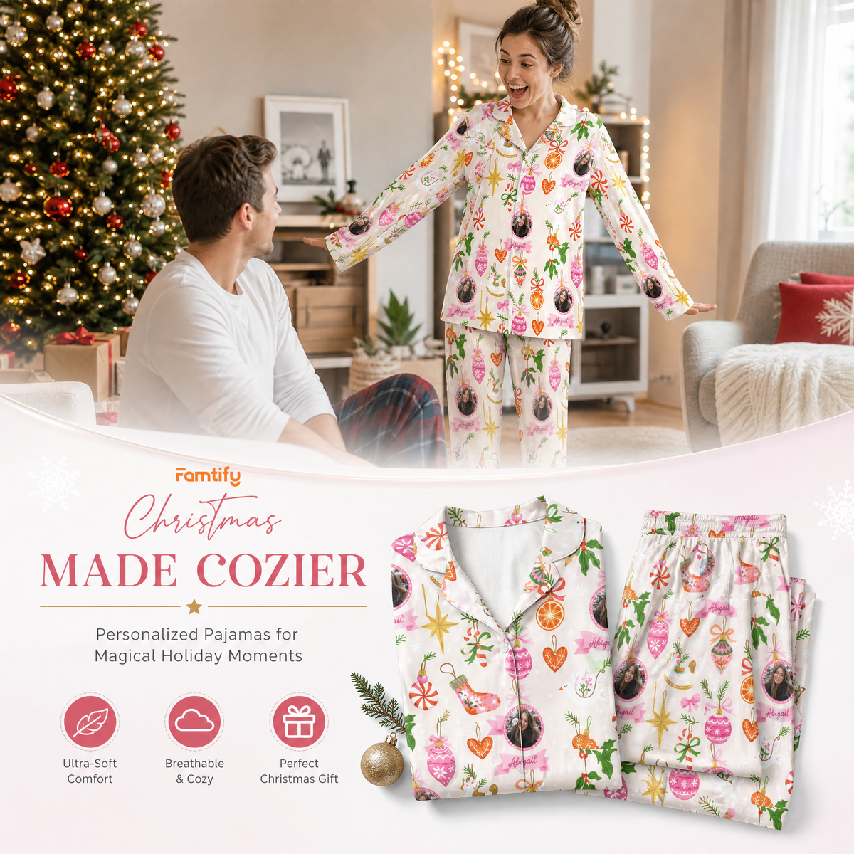 Custom face photo folk ornament star heart women pajamas view 3