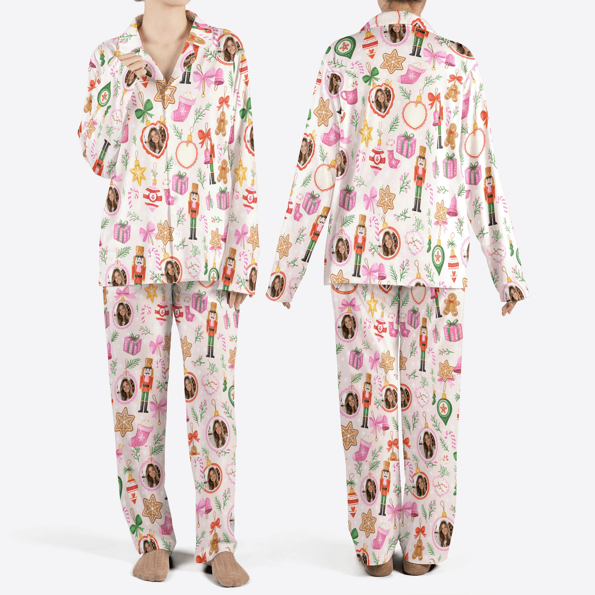 Custom face photo nutcracker bow gift women Christmas pajamas set, front and back