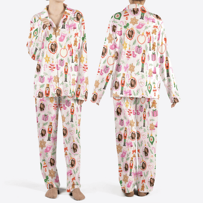 Custom face photo nutcracker bow gift women Christmas pajamas set, front and back