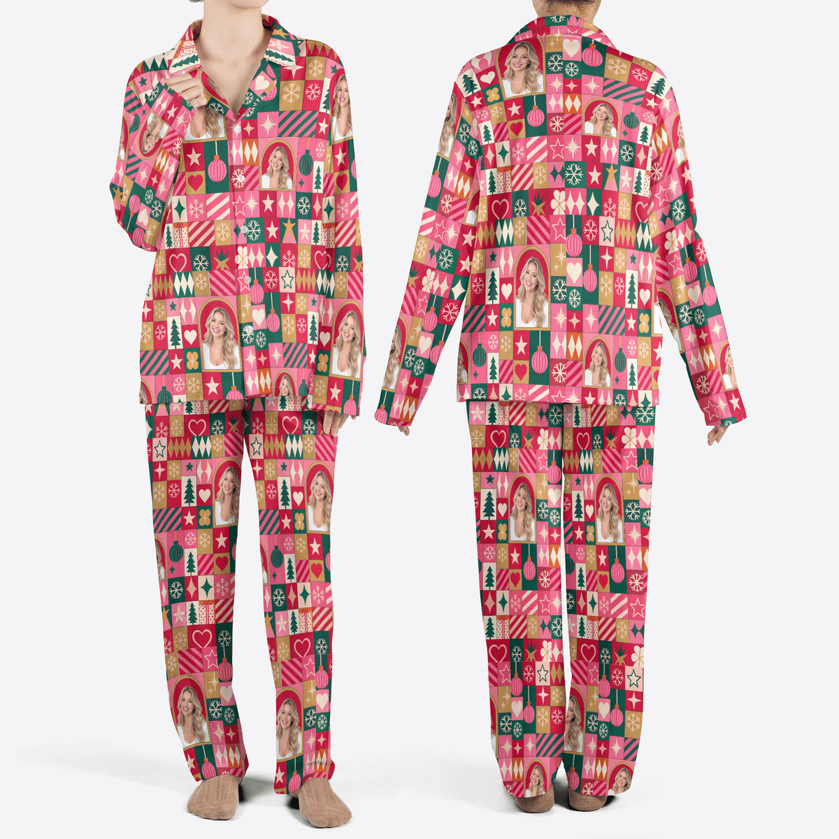 Custom face photo patchwork arch photo women Christmas pajamas set, front and back