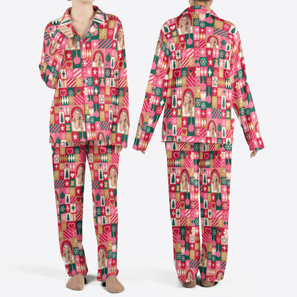Custom face photo patchwork arch photo women Christmas pajamas set, front and back