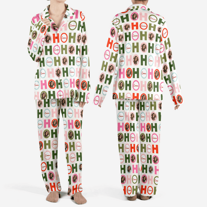 Custom face photo and name Ho Ho Ho letters women Christmas pajamas set, front and back