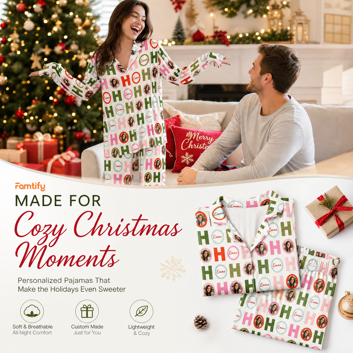 Custom face photo and name Ho Ho Ho letters women pajamas view 3