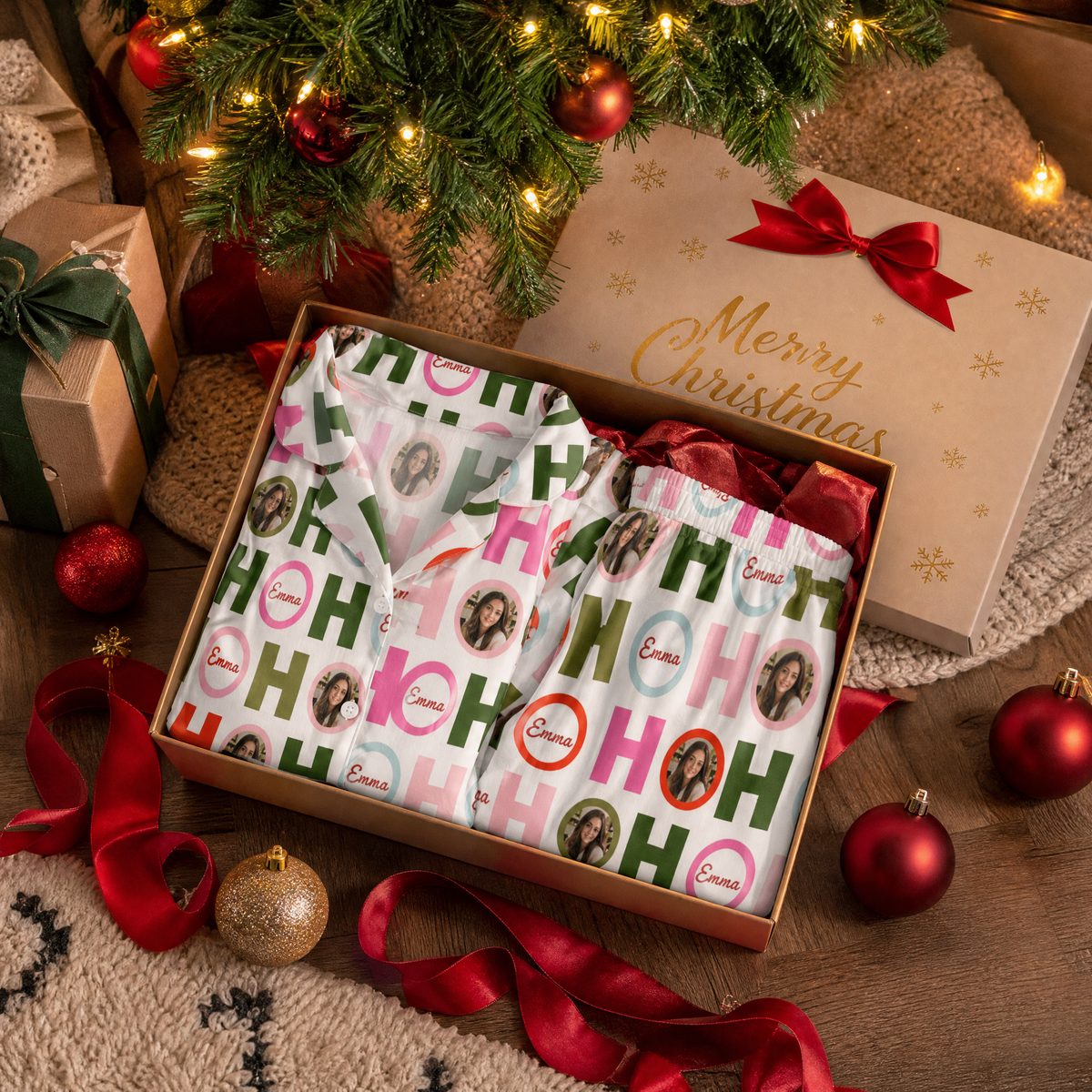 Custom face photo and name Ho Ho Ho letters women pajamas view 4
