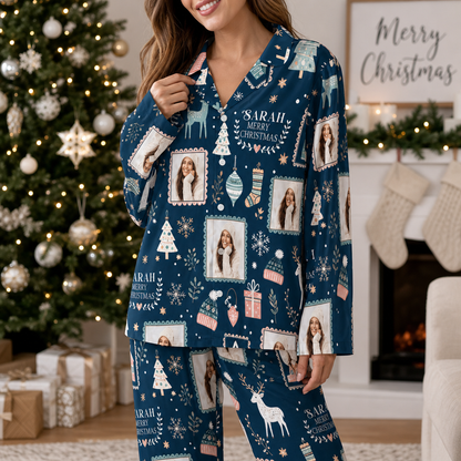 Woman wearing custom face photo and name photo frame reindeer Christmas pajamas by the tree