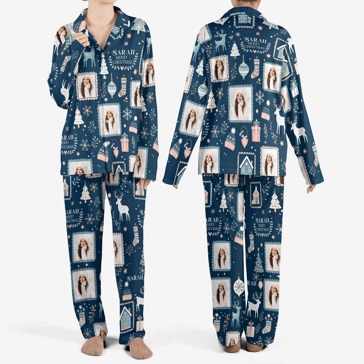 Custom face photo and name photo frame reindeer women Christmas pajamas set, front and back