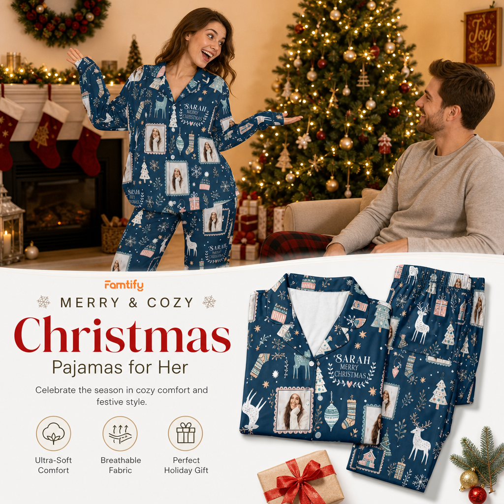 Custom face photo and name photo frame reindeer women pajamas view 3
