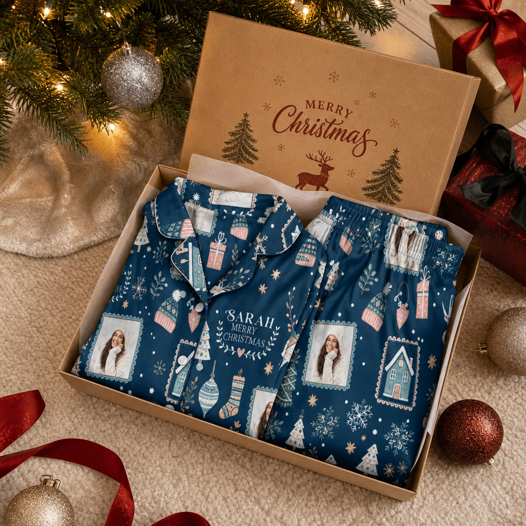 Custom face photo and name photo frame reindeer women pajamas view 4