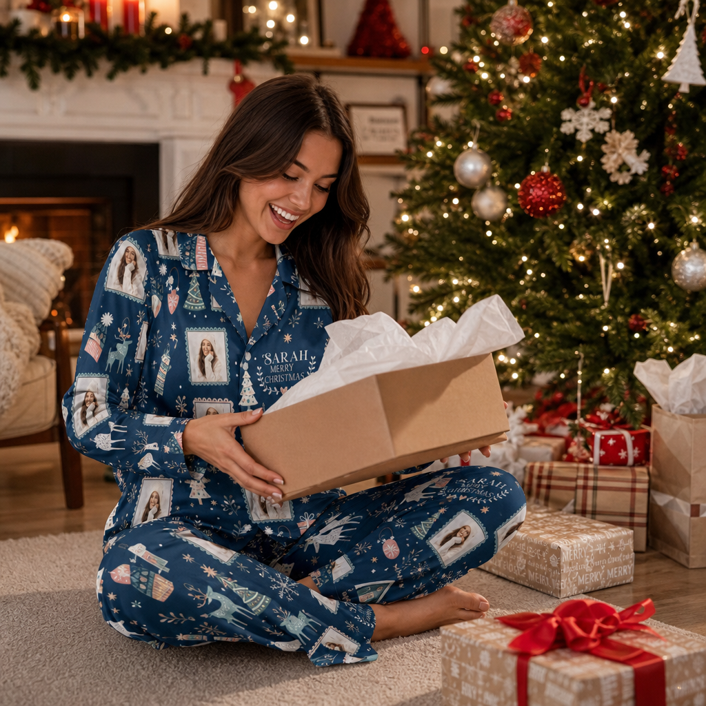 Custom face photo and name photo frame reindeer women pajamas view 6