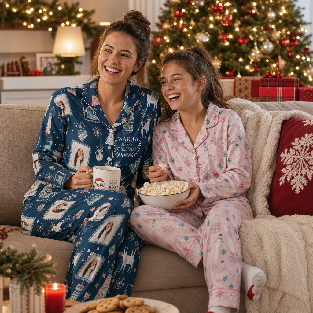 Custom face photo and name photo frame reindeer women pajamas view 8